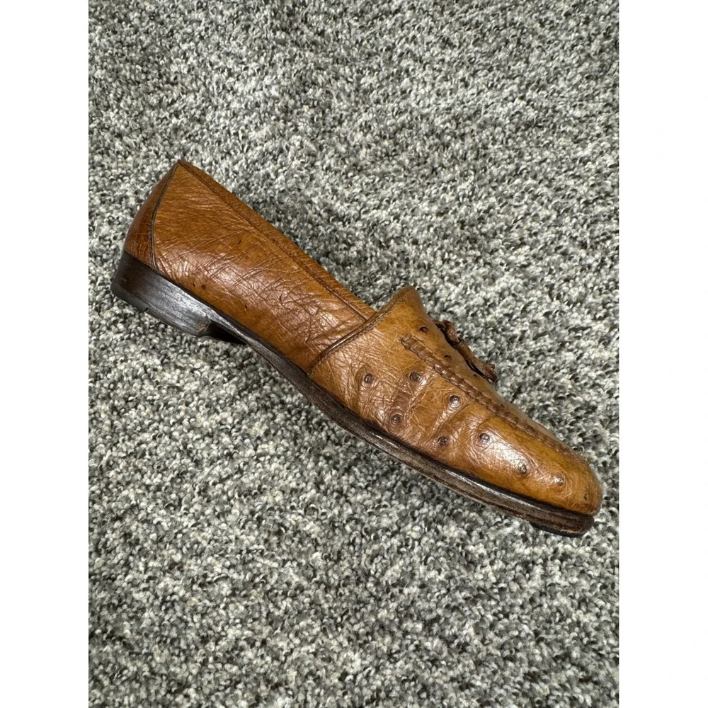Peter‎ Huber Ostrich Leather Sz 8 1/2 Tassel Loafers Cognac Brown Made in Italy